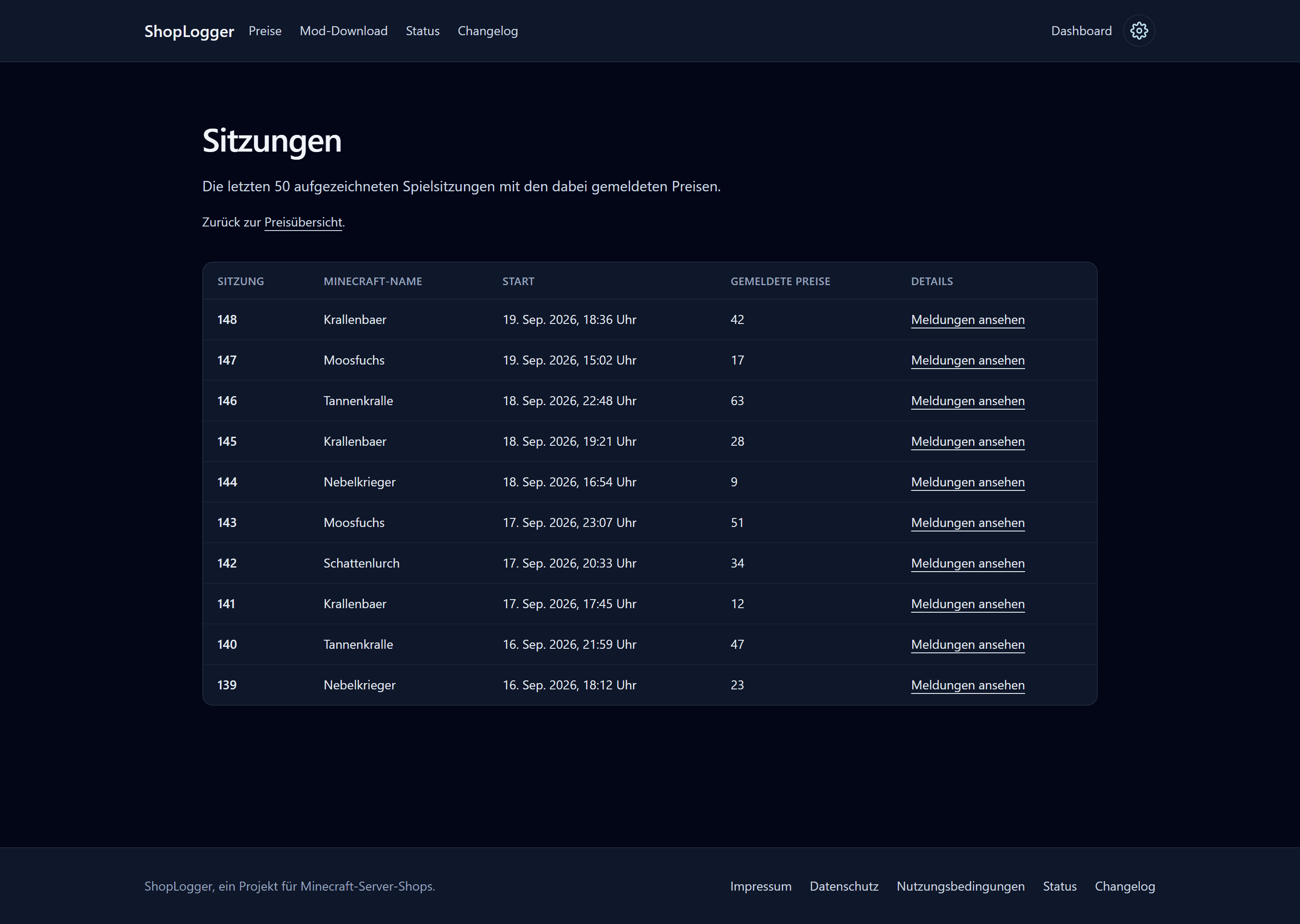 Übersicht der aufgezeichneten Spielsitzungen