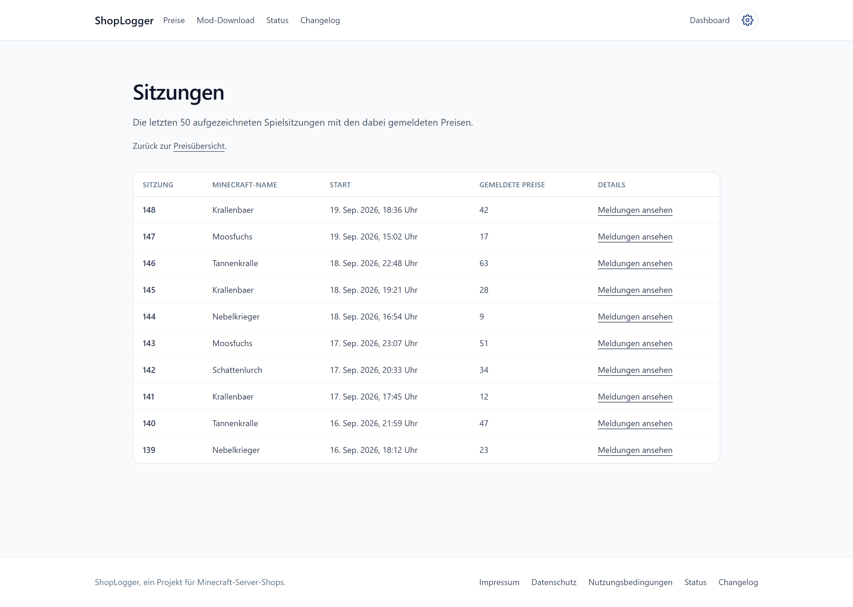 Übersicht der aufgezeichneten Spielsitzungen